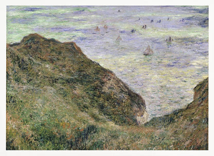 An impressionistic painting of a coastal scene, viewed from a high, grassy cliff looking down at the sea. The water is a mix of green, blue, and purple hues with several small sailboats scattered across its surface. The artwork is framed in a simple silver frame. Poster
