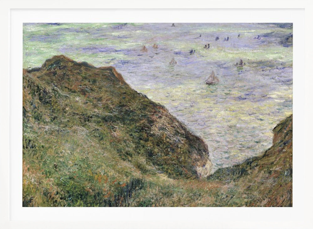 An impressionistic painting of a coastal scene, viewed from a high, grassy cliff looking down at the sea. The water is a mix of green, blue, and purple hues with several small sailboats scattered across its surface. The artwork is framed in a simple silver frame. Poster