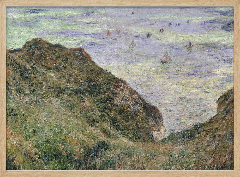 An impressionistic painting of a coastal scene, viewed from a high, grassy cliff looking down at the sea. The water is a mix of green, blue, and purple hues with several small sailboats scattered across its surface. The artwork is framed in a simple silver frame. Poster