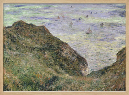 An impressionistic painting of a coastal scene, viewed from a high, grassy cliff looking down at the sea. The water is a mix of green, blue, and purple hues with several small sailboats scattered across its surface. The artwork is framed in a simple silver frame. Poster