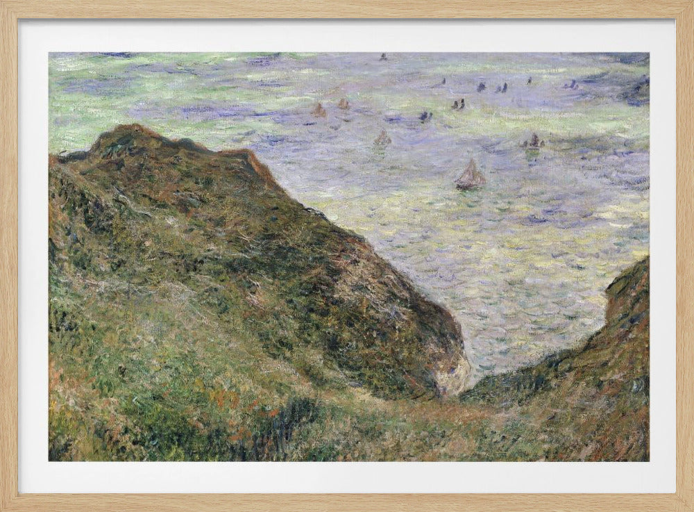 An impressionistic painting of a coastal scene, viewed from a high, grassy cliff looking down at the sea. The water is a mix of green, blue, and purple hues with several small sailboats scattered across its surface. The artwork is framed in a simple silver frame. Poster