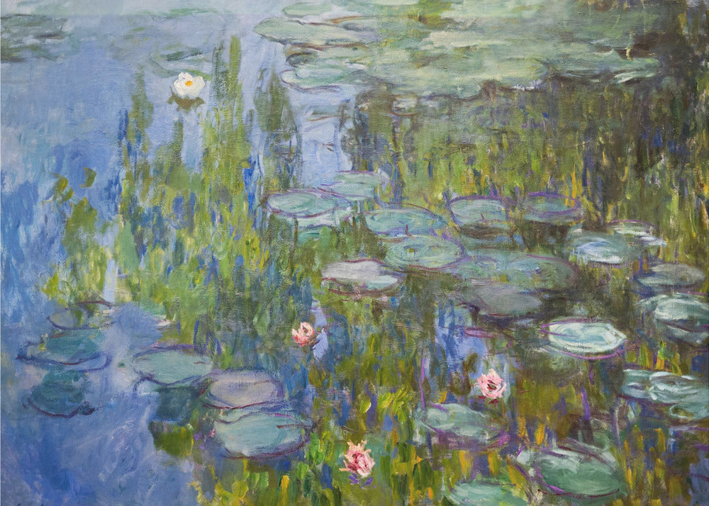An Impressionist painting of a water lily pond, with vibrant blue water reflecting lush green foliage. Numerous green lily pads float on the surface, and several white and pink water lilies are in bloom. The artwork, which has visible brushstrokes, is presented in a simple silver frame. Print