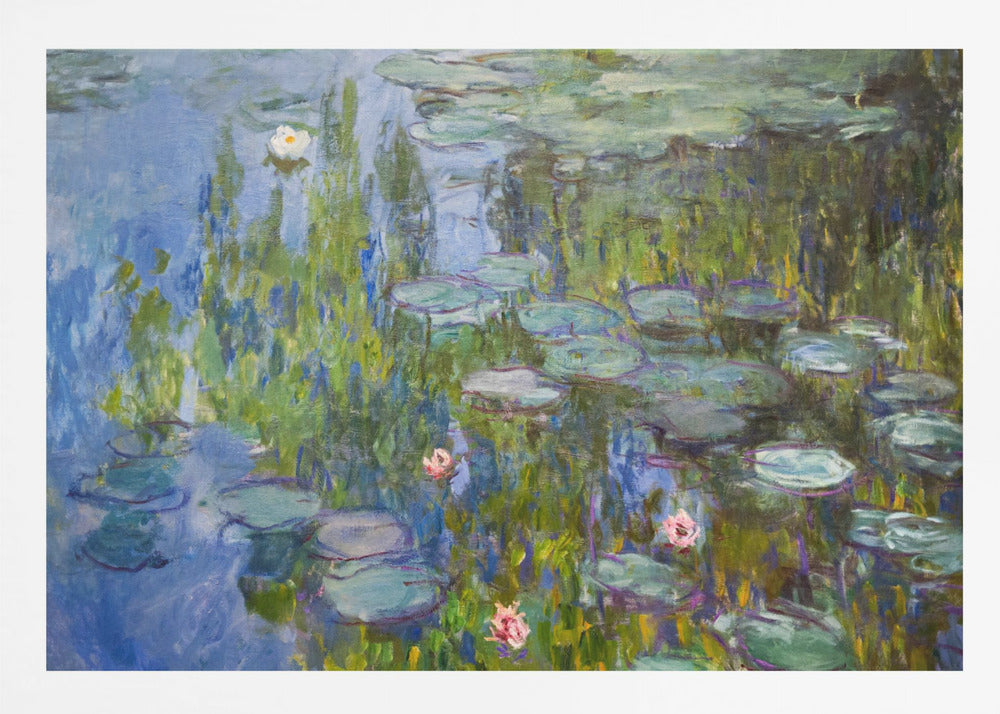 An Impressionist painting of a water lily pond, with vibrant blue water reflecting lush green foliage. Numerous green lily pads float on the surface, and several white and pink water lilies are in bloom. The artwork, which has visible brushstrokes, is presented in a simple silver frame. Print