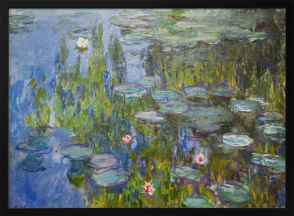 An Impressionist painting of a water lily pond, with vibrant blue water reflecting lush green foliage. Numerous green lily pads float on the surface, and several white and pink water lilies are in bloom. The artwork, which has visible brushstrokes, is presented in a simple silver frame. Print