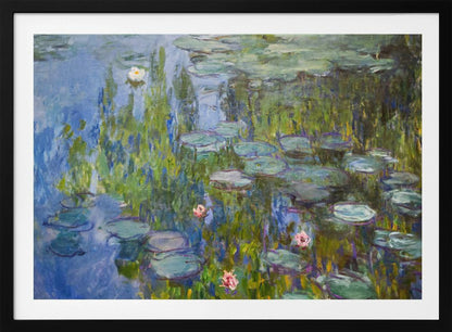 An Impressionist painting of a water lily pond, with vibrant blue water reflecting lush green foliage. Numerous green lily pads float on the surface, and several white and pink water lilies are in bloom. The artwork, which has visible brushstrokes, is presented in a simple silver frame. Print