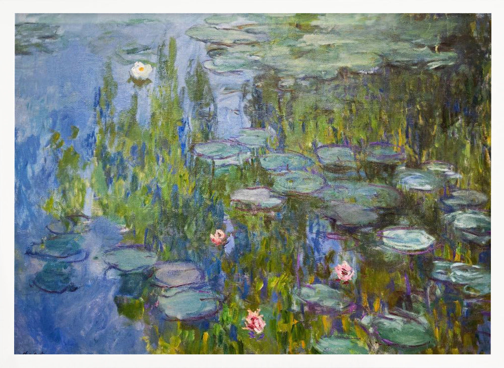 An Impressionist painting of a water lily pond, with vibrant blue water reflecting lush green foliage. Numerous green lily pads float on the surface, and several white and pink water lilies are in bloom. The artwork, which has visible brushstrokes, is presented in a simple silver frame. Print