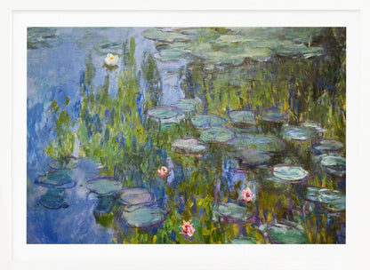 An Impressionist painting of a water lily pond, with vibrant blue water reflecting lush green foliage. Numerous green lily pads float on the surface, and several white and pink water lilies are in bloom. The artwork, which has visible brushstrokes, is presented in a simple silver frame. Print