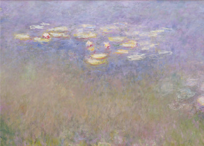 An impressionist painting by Claude Monet depicting water lilies floating on a pond, rendered in soft, blended strokes of purple, blue, green, and yellow. The artwork is displayed in a simple, silver-colored frame. Artwork