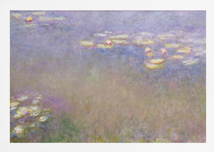 An impressionist painting by Claude Monet depicting water lilies floating on a pond, rendered in soft, blended strokes of purple, blue, green, and yellow. The artwork is displayed in a simple, silver-colored frame. Artwork
