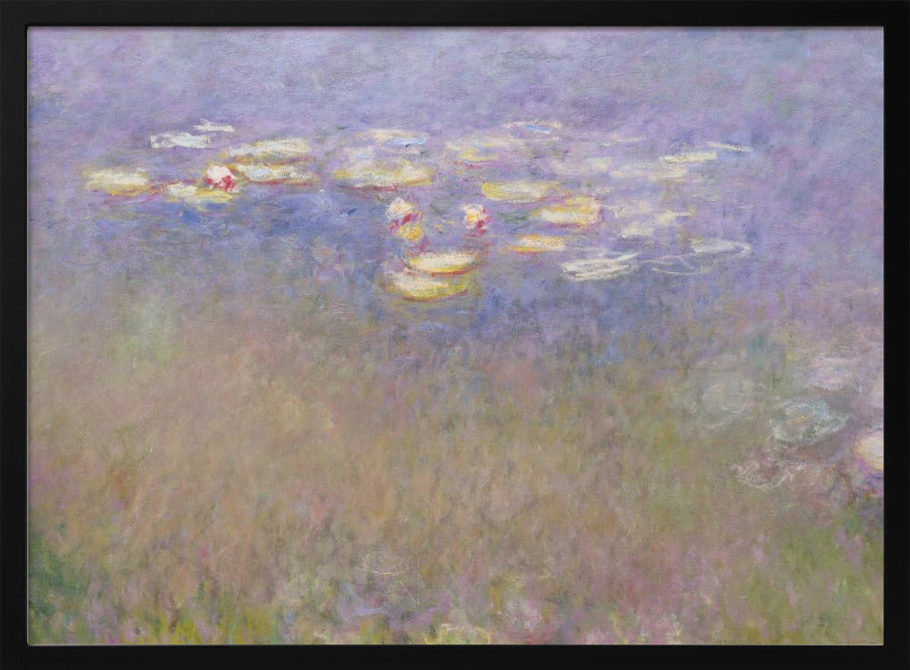 An impressionist painting by Claude Monet depicting water lilies floating on a pond, rendered in soft, blended strokes of purple, blue, green, and yellow. The artwork is displayed in a simple, silver-colored frame. Artwork