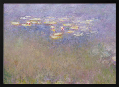 An impressionist painting by Claude Monet depicting water lilies floating on a pond, rendered in soft, blended strokes of purple, blue, green, and yellow. The artwork is displayed in a simple, silver-colored frame. Artwork