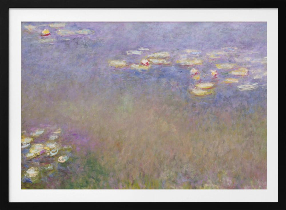 An impressionist painting by Claude Monet depicting water lilies floating on a pond, rendered in soft, blended strokes of purple, blue, green, and yellow. The artwork is displayed in a simple, silver-colored frame. Artwork