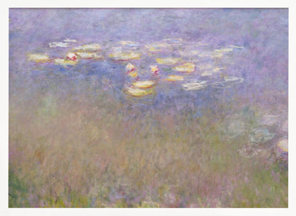 An impressionist painting by Claude Monet depicting water lilies floating on a pond, rendered in soft, blended strokes of purple, blue, green, and yellow. The artwork is displayed in a simple, silver-colored frame. Artwork