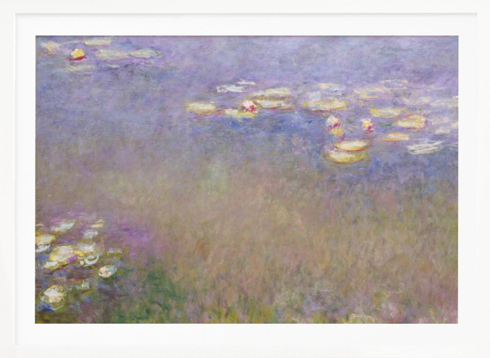 An impressionist painting by Claude Monet depicting water lilies floating on a pond, rendered in soft, blended strokes of purple, blue, green, and yellow. The artwork is displayed in a simple, silver-colored frame. Artwork