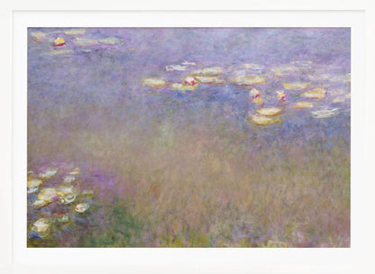 An impressionist painting by Claude Monet depicting water lilies floating on a pond, rendered in soft, blended strokes of purple, blue, green, and yellow. The artwork is displayed in a simple, silver-colored frame. Artwork