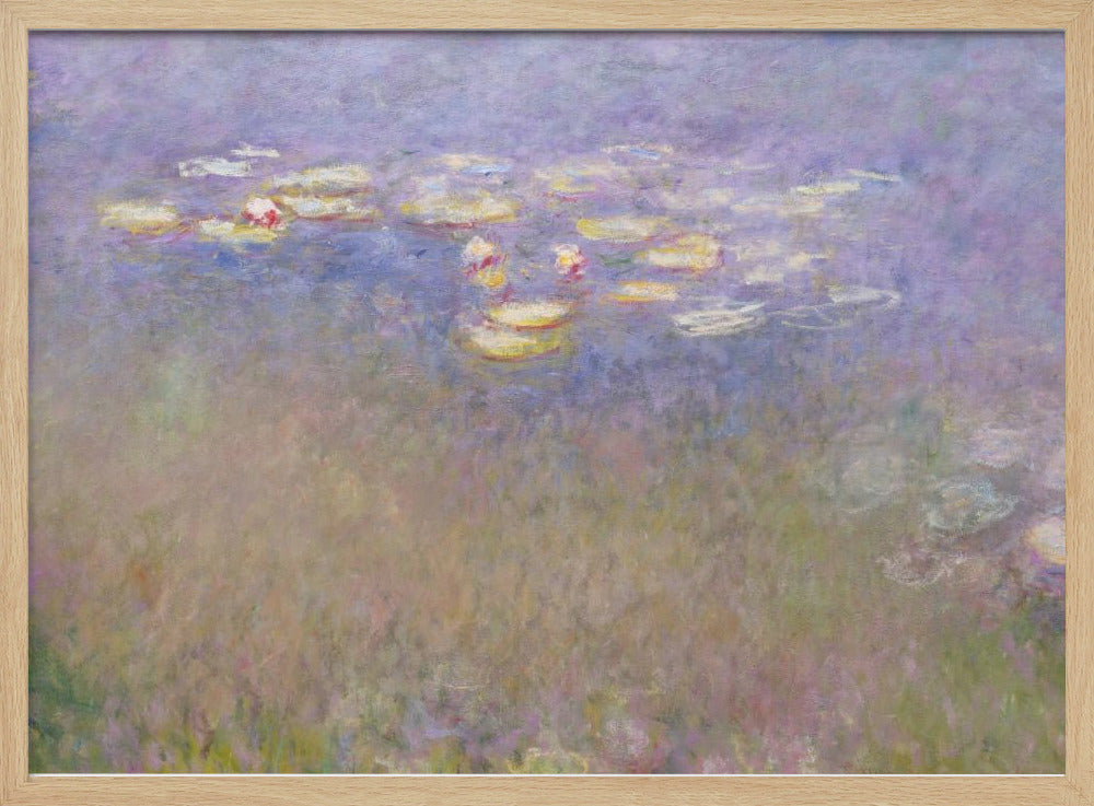 An impressionist painting by Claude Monet depicting water lilies floating on a pond, rendered in soft, blended strokes of purple, blue, green, and yellow. The artwork is displayed in a simple, silver-colored frame. Artwork