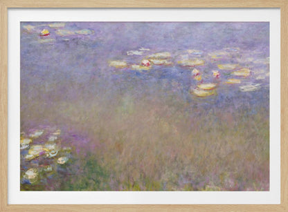 An impressionist painting by Claude Monet depicting water lilies floating on a pond, rendered in soft, blended strokes of purple, blue, green, and yellow. The artwork is displayed in a simple, silver-colored frame. Artwork