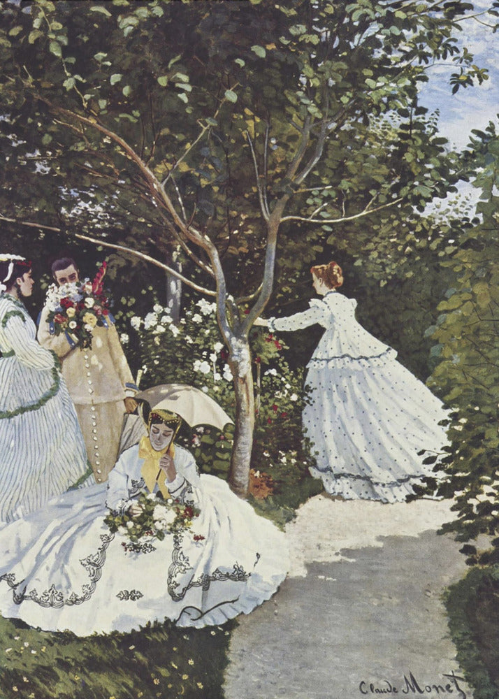 A vertical Impressionist painting by Claude Monet titled 'Women in the Garden,' depicting four figures in a lush, sun-dappled garden. In the foreground, a woman in a voluminous white dress with black embroidery sits on the grass holding flowers and a parasol. To the left, a man holds a large bouquet, partially obscuring his face, next to a woman in a striped dress. In the background, another woman in a white, polka-dotted dress reaches for a branch of a tree surrounded by white and red blossoms. Decor