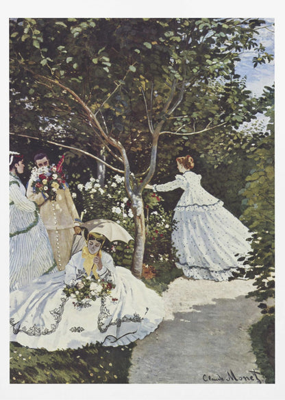 A vertical Impressionist painting by Claude Monet titled 'Women in the Garden,' depicting four figures in a lush, sun-dappled garden. In the foreground, a woman in a voluminous white dress with black embroidery sits on the grass holding flowers and a parasol. To the left, a man holds a large bouquet, partially obscuring his face, next to a woman in a striped dress. In the background, another woman in a white, polka-dotted dress reaches for a branch of a tree surrounded by white and red blossoms. Decor