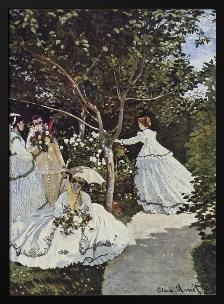 A vertical Impressionist painting by Claude Monet titled 'Women in the Garden,' depicting four figures in a lush, sun-dappled garden. In the foreground, a woman in a voluminous white dress with black embroidery sits on the grass holding flowers and a parasol. To the left, a man holds a large bouquet, partially obscuring his face, next to a woman in a striped dress. In the background, another woman in a white, polka-dotted dress reaches for a branch of a tree surrounded by white and red blossoms. Decor