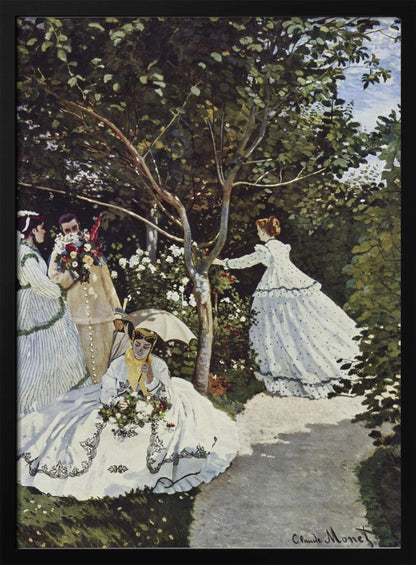 A vertical Impressionist painting by Claude Monet titled 'Women in the Garden,' depicting four figures in a lush, sun-dappled garden. In the foreground, a woman in a voluminous white dress with black embroidery sits on the grass holding flowers and a parasol. To the left, a man holds a large bouquet, partially obscuring his face, next to a woman in a striped dress. In the background, another woman in a white, polka-dotted dress reaches for a branch of a tree surrounded by white and red blossoms. Decor