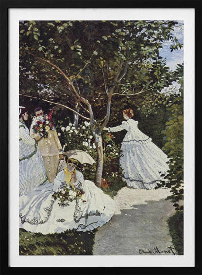 A vertical Impressionist painting by Claude Monet titled 'Women in the Garden,' depicting four figures in a lush, sun-dappled garden. In the foreground, a woman in a voluminous white dress with black embroidery sits on the grass holding flowers and a parasol. To the left, a man holds a large bouquet, partially obscuring his face, next to a woman in a striped dress. In the background, another woman in a white, polka-dotted dress reaches for a branch of a tree surrounded by white and red blossoms. Decor