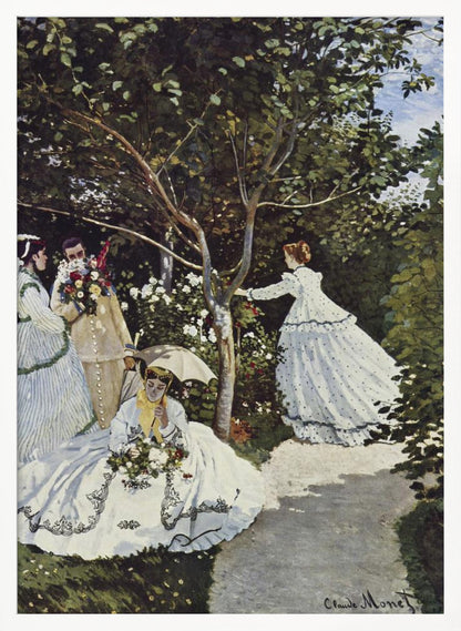 A vertical Impressionist painting by Claude Monet titled 'Women in the Garden,' depicting four figures in a lush, sun-dappled garden. In the foreground, a woman in a voluminous white dress with black embroidery sits on the grass holding flowers and a parasol. To the left, a man holds a large bouquet, partially obscuring his face, next to a woman in a striped dress. In the background, another woman in a white, polka-dotted dress reaches for a branch of a tree surrounded by white and red blossoms. Decor