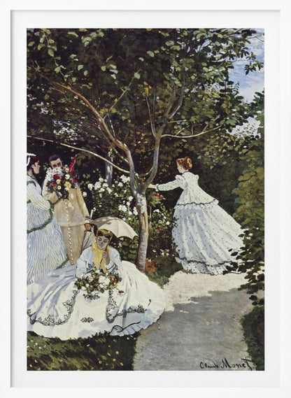 A vertical Impressionist painting by Claude Monet titled 'Women in the Garden,' depicting four figures in a lush, sun-dappled garden. In the foreground, a woman in a voluminous white dress with black embroidery sits on the grass holding flowers and a parasol. To the left, a man holds a large bouquet, partially obscuring his face, next to a woman in a striped dress. In the background, another woman in a white, polka-dotted dress reaches for a branch of a tree surrounded by white and red blossoms. Decor