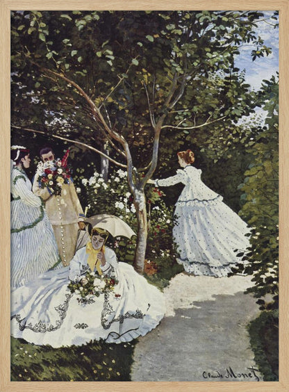A vertical Impressionist painting by Claude Monet titled 'Women in the Garden,' depicting four figures in a lush, sun-dappled garden. In the foreground, a woman in a voluminous white dress with black embroidery sits on the grass holding flowers and a parasol. To the left, a man holds a large bouquet, partially obscuring his face, next to a woman in a striped dress. In the background, another woman in a white, polka-dotted dress reaches for a branch of a tree surrounded by white and red blossoms. Decor