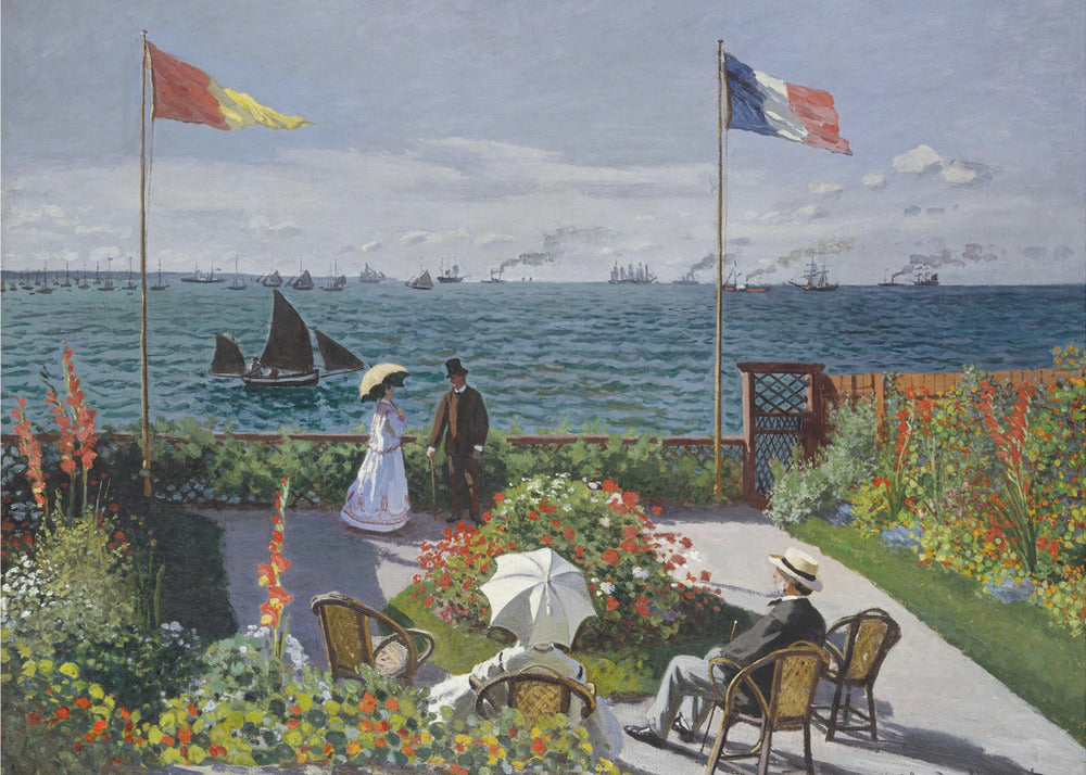 Claude Monet's impressionist painting, 'Garden at Sainte-Adresse', depicting a vibrant flower garden on a terrace overlooking a blue sea filled with sailboats and steamships. Four figures are in the garden, with two flags, including the French flag, flying on tall poles under a partly cloudy sky. Artwork