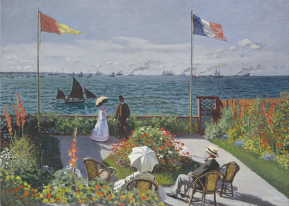 Claude Monet's impressionist painting, 'Garden at Sainte-Adresse', depicting a vibrant flower garden on a terrace overlooking a blue sea filled with sailboats and steamships. Four figures are in the garden, with two flags, including the French flag, flying on tall poles under a partly cloudy sky. Artwork