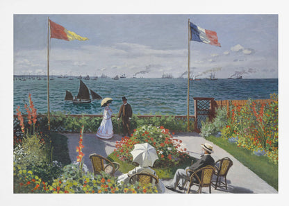 Claude Monet's impressionist painting, 'Garden at Sainte-Adresse', depicting a vibrant flower garden on a terrace overlooking a blue sea filled with sailboats and steamships. Four figures are in the garden, with two flags, including the French flag, flying on tall poles under a partly cloudy sky. Artwork