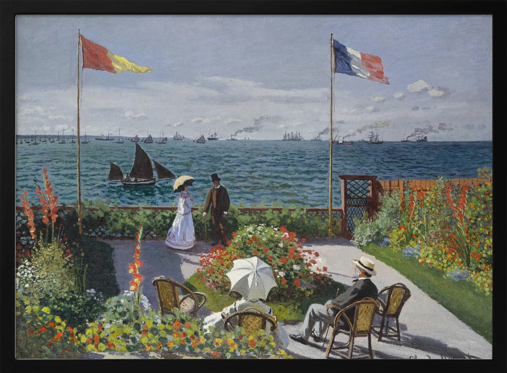 Claude Monet's impressionist painting, 'Garden at Sainte-Adresse', depicting a vibrant flower garden on a terrace overlooking a blue sea filled with sailboats and steamships. Four figures are in the garden, with two flags, including the French flag, flying on tall poles under a partly cloudy sky. Artwork