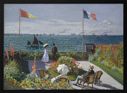 Claude Monet's impressionist painting, 'Garden at Sainte-Adresse', depicting a vibrant flower garden on a terrace overlooking a blue sea filled with sailboats and steamships. Four figures are in the garden, with two flags, including the French flag, flying on tall poles under a partly cloudy sky. Artwork