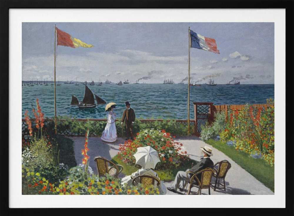 Claude Monet's impressionist painting, 'Garden at Sainte-Adresse', depicting a vibrant flower garden on a terrace overlooking a blue sea filled with sailboats and steamships. Four figures are in the garden, with two flags, including the French flag, flying on tall poles under a partly cloudy sky. Artwork