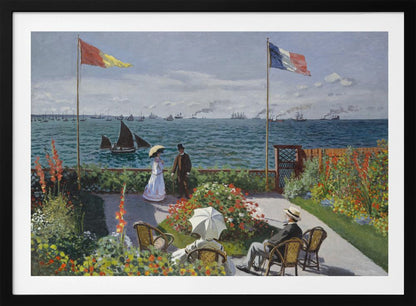 Claude Monet's impressionist painting, 'Garden at Sainte-Adresse', depicting a vibrant flower garden on a terrace overlooking a blue sea filled with sailboats and steamships. Four figures are in the garden, with two flags, including the French flag, flying on tall poles under a partly cloudy sky. Artwork