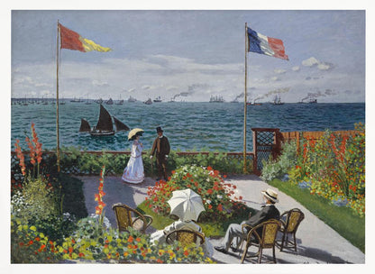 Claude Monet's impressionist painting, 'Garden at Sainte-Adresse', depicting a vibrant flower garden on a terrace overlooking a blue sea filled with sailboats and steamships. Four figures are in the garden, with two flags, including the French flag, flying on tall poles under a partly cloudy sky. Artwork