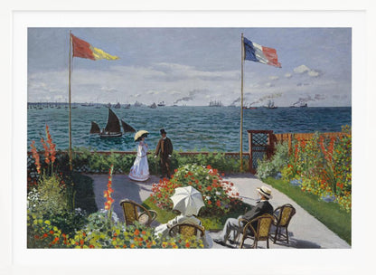 Claude Monet's impressionist painting, 'Garden at Sainte-Adresse', depicting a vibrant flower garden on a terrace overlooking a blue sea filled with sailboats and steamships. Four figures are in the garden, with two flags, including the French flag, flying on tall poles under a partly cloudy sky. Artwork