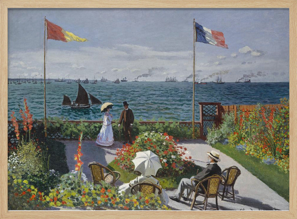 Claude Monet's impressionist painting, 'Garden at Sainte-Adresse', depicting a vibrant flower garden on a terrace overlooking a blue sea filled with sailboats and steamships. Four figures are in the garden, with two flags, including the French flag, flying on tall poles under a partly cloudy sky. Artwork