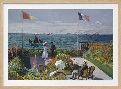 Claude Monet's impressionist painting, 'Garden at Sainte-Adresse', depicting a vibrant flower garden on a terrace overlooking a blue sea filled with sailboats and steamships. Four figures are in the garden, with two flags, including the French flag, flying on tall poles under a partly cloudy sky. Artwork