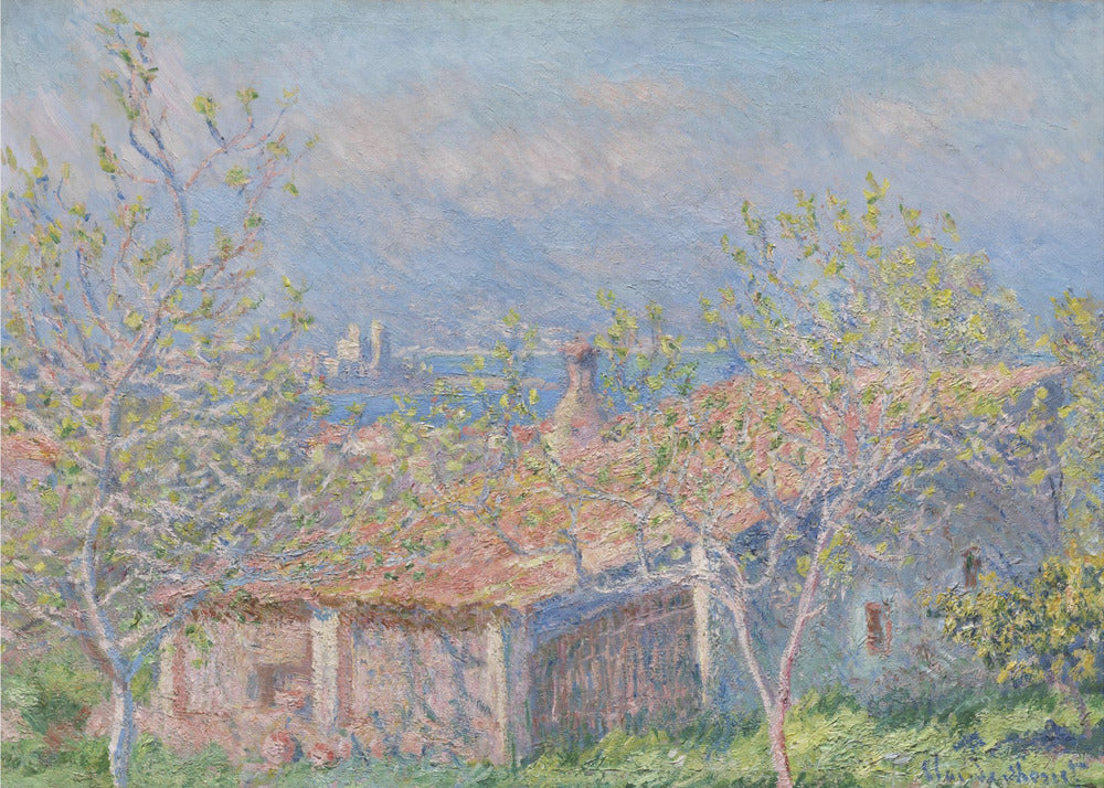An impressionist painting of a coastal landscape, with leafy spring trees in the foreground framing the view over a terracotta-roofed house to the blue sea and distant mountains. Decor