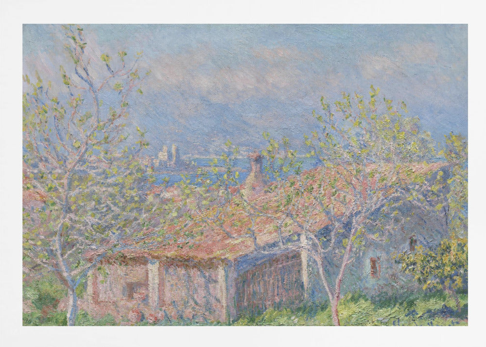 An impressionist painting of a coastal landscape, with leafy spring trees in the foreground framing the view over a terracotta-roofed house to the blue sea and distant mountains. Decor