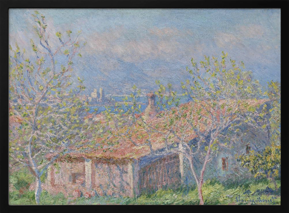 An impressionist painting of a coastal landscape, with leafy spring trees in the foreground framing the view over a terracotta-roofed house to the blue sea and distant mountains. Decor