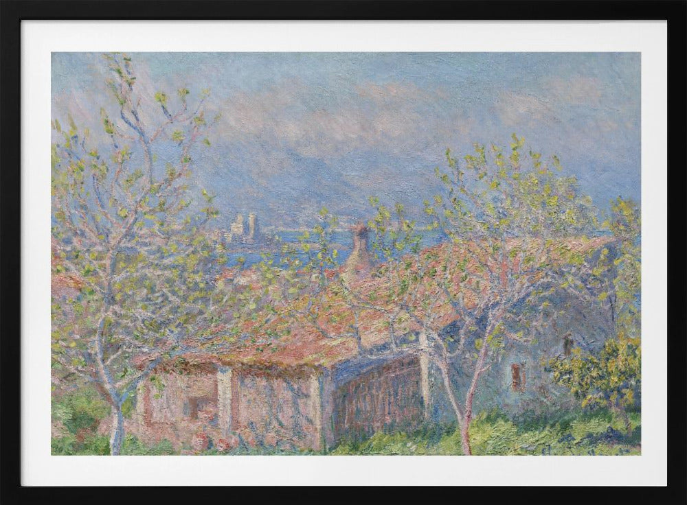 An impressionist painting of a coastal landscape, with leafy spring trees in the foreground framing the view over a terracotta-roofed house to the blue sea and distant mountains. Decor