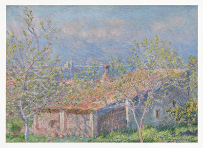 An impressionist painting of a coastal landscape, with leafy spring trees in the foreground framing the view over a terracotta-roofed house to the blue sea and distant mountains. Decor