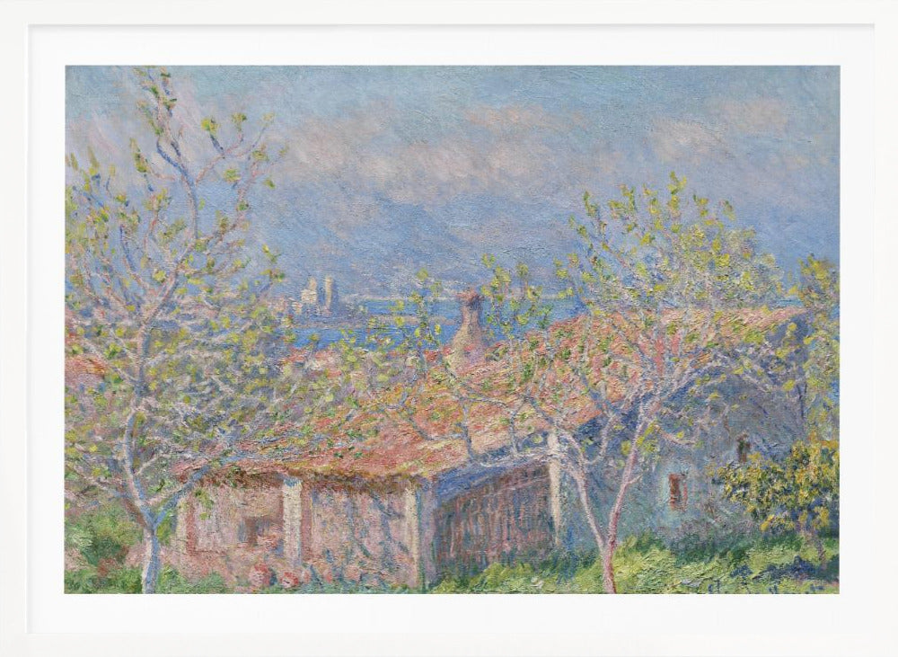 An impressionist painting of a coastal landscape, with leafy spring trees in the foreground framing the view over a terracotta-roofed house to the blue sea and distant mountains. Decor