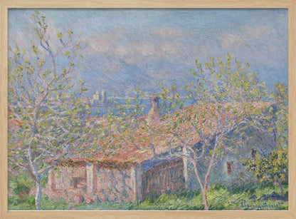 An impressionist painting of a coastal landscape, with leafy spring trees in the foreground framing the view over a terracotta-roofed house to the blue sea and distant mountains. Decor