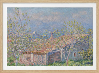 An impressionist painting of a coastal landscape, with leafy spring trees in the foreground framing the view over a terracotta-roofed house to the blue sea and distant mountains. Decor