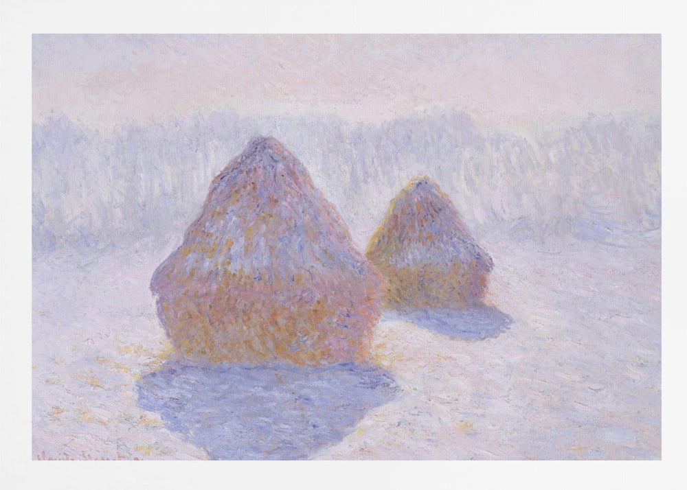 An impressionist painting by Claude Monet titled 'Haystacks,' showing two large, conical haystacks in a snowy field. The scene is bathed in a soft, hazy light, with pinks and oranges on the sunlit side of the haystacks and long, purple shadows cast across the lavender and white snow. The artwork is presented in a simple silver frame. Wall Art