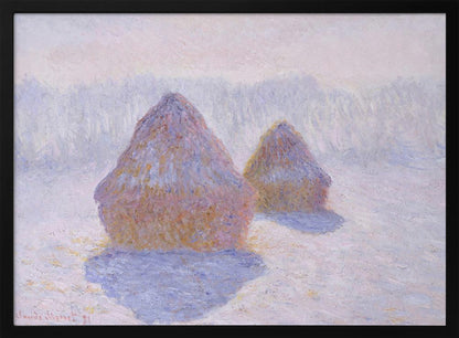 An impressionist painting by Claude Monet titled 'Haystacks,' showing two large, conical haystacks in a snowy field. The scene is bathed in a soft, hazy light, with pinks and oranges on the sunlit side of the haystacks and long, purple shadows cast across the lavender and white snow. The artwork is presented in a simple silver frame. Wall Art